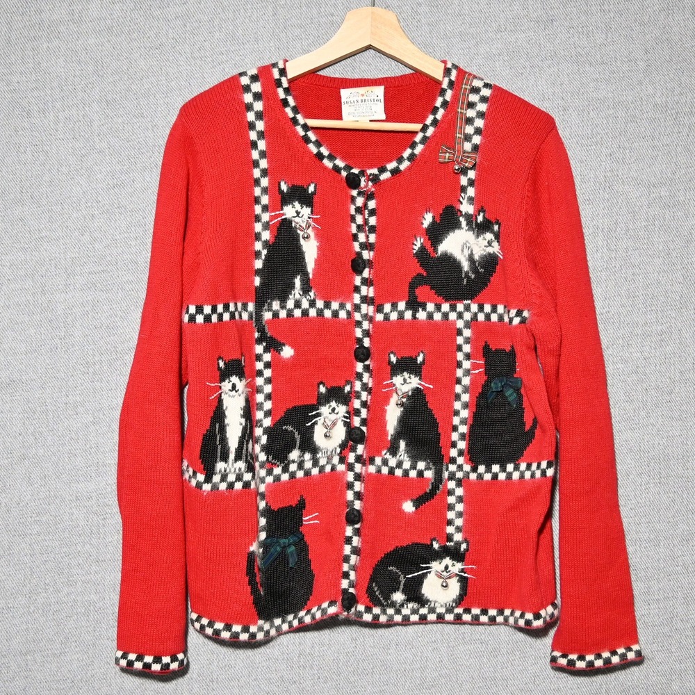 Susan Bristol Cat Cardigan Womens 1996 Vintage Angora Blend L Red Hong Kong